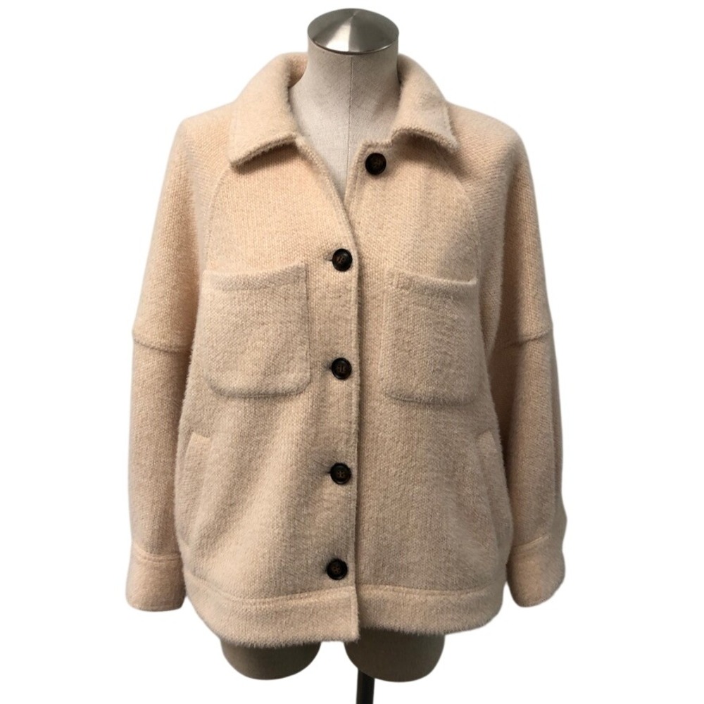 Greylin Shacket Womens Small Cream Fuzzy Button Front Knit Jacket Oversize